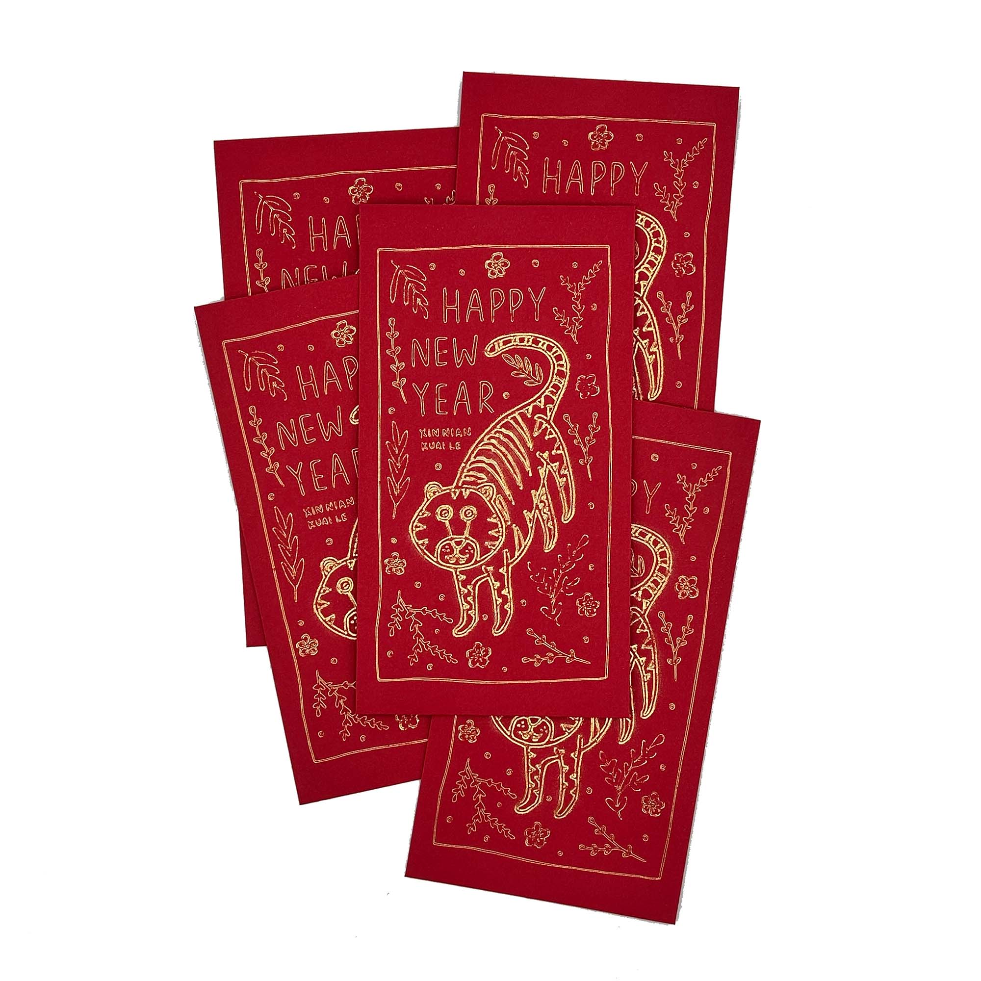 A vibrant red envelope featuring a floral tiger design, symbolizing luck and prosperity for Lunar New Year celebrations.